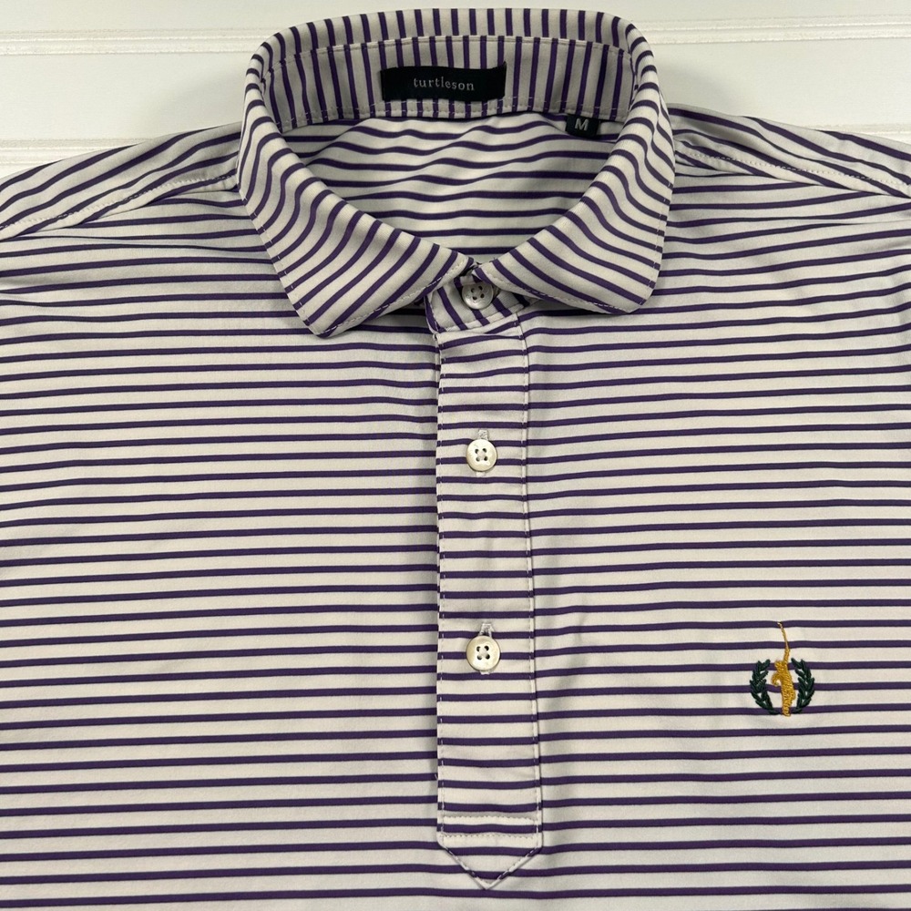 Turtleson Striped Performance Polo Mens Medium Purple White Golf Tennis Stretch